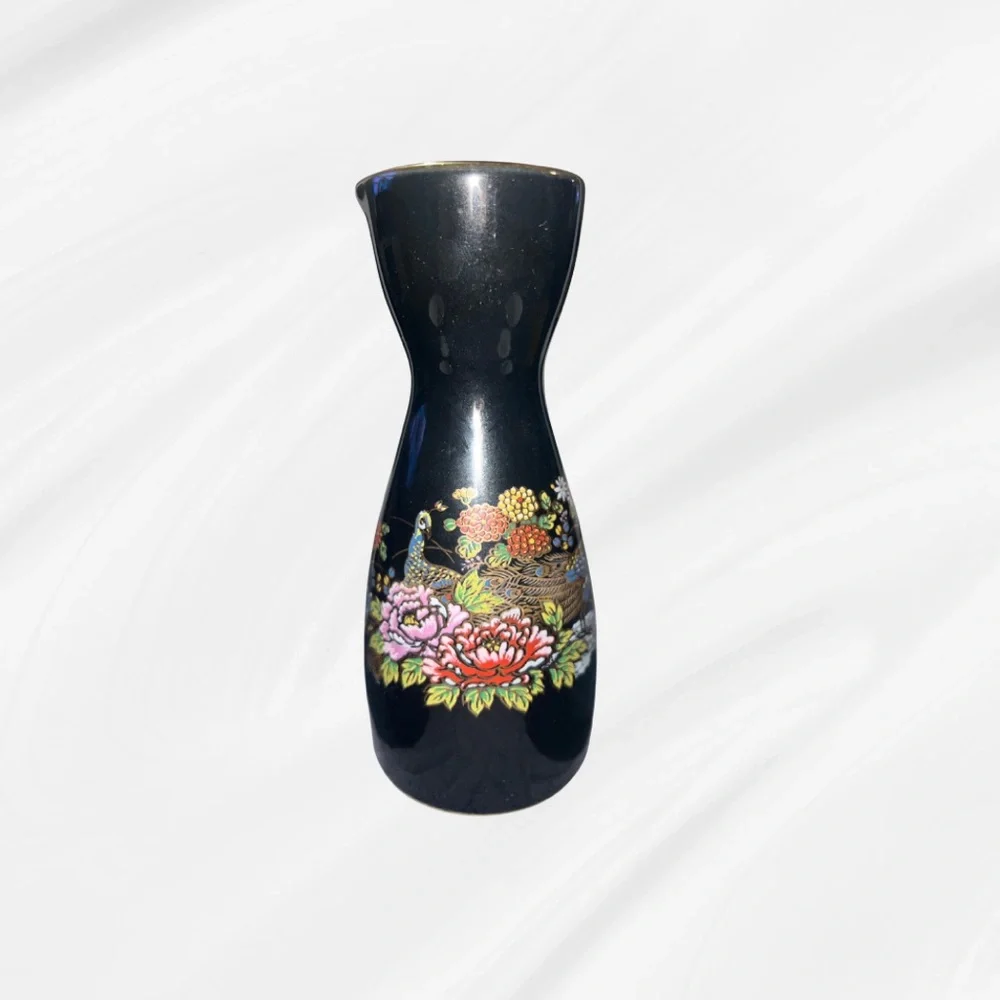 Vintage MCI Japan 5-Piece Black & Gold Peacock Floral Sake Set